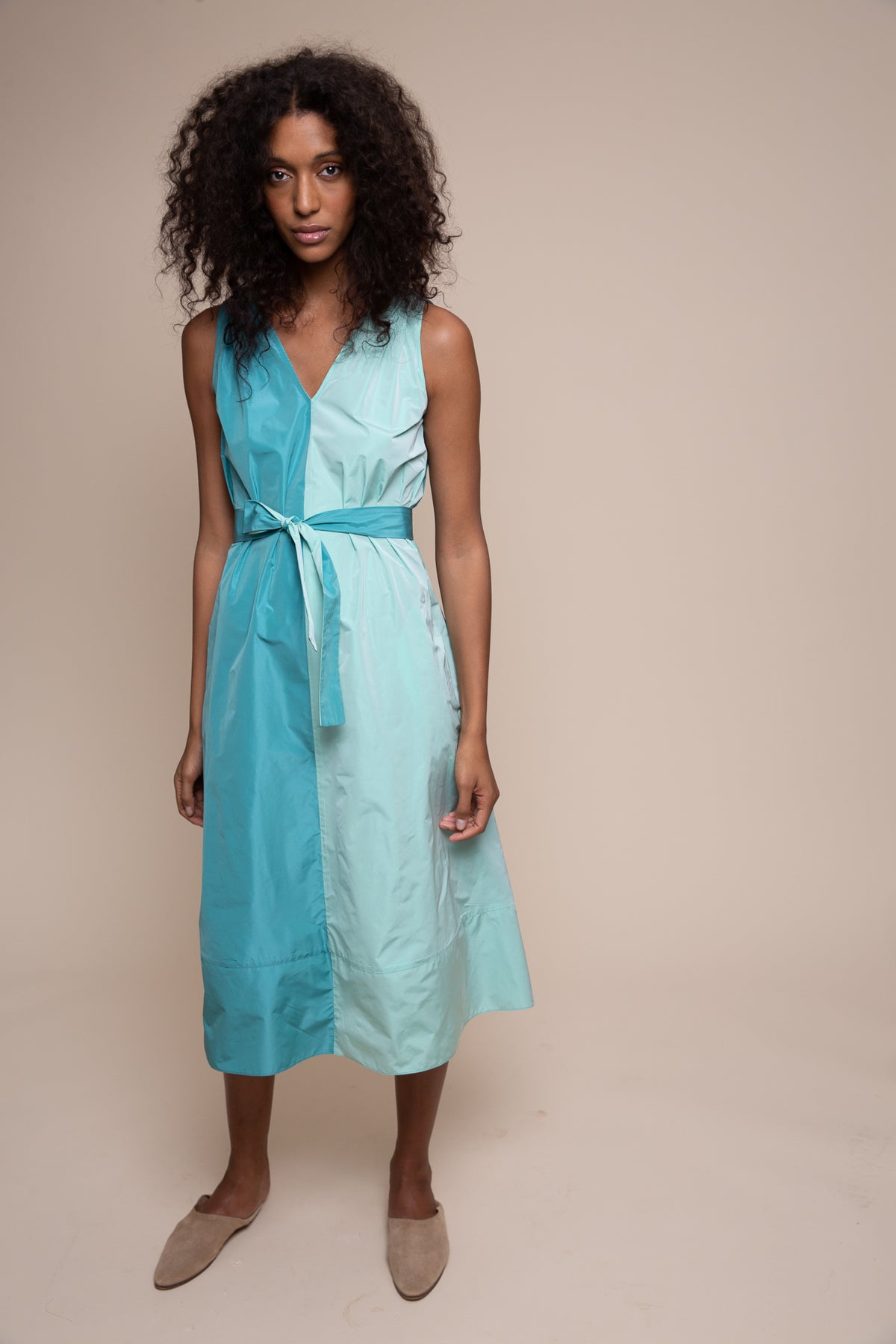 polyester taffeta dress Gwynn Sleeveless Taffeta Drop Waist Dress Black, Fuchsia & Powder Blue
